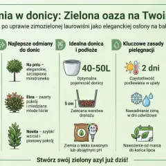 Laurowiśnia w donicy: zimozielona ozdoba, odporna na mróz, idealna na taras. Potrzebuje ziemi o lekko kwaśnym pH.