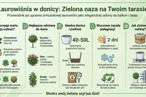 Laurowiśnia w donicy: zimozielona ozdoba, odporna na mróz, idealna na taras. Potrzebuje ziemi o lekko kwaśnym pH.