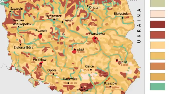 Mapa przedstawia rozmieszczenie gleby w Polsce. Różne kolory oznaczają różne typy gleb, od jasnych po ciemne odcienie brązu i zieleni.