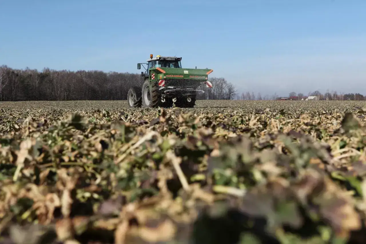 Traktor rozsiewa saletrzak na polu, przygotowując ziemię pod nowy sezon.