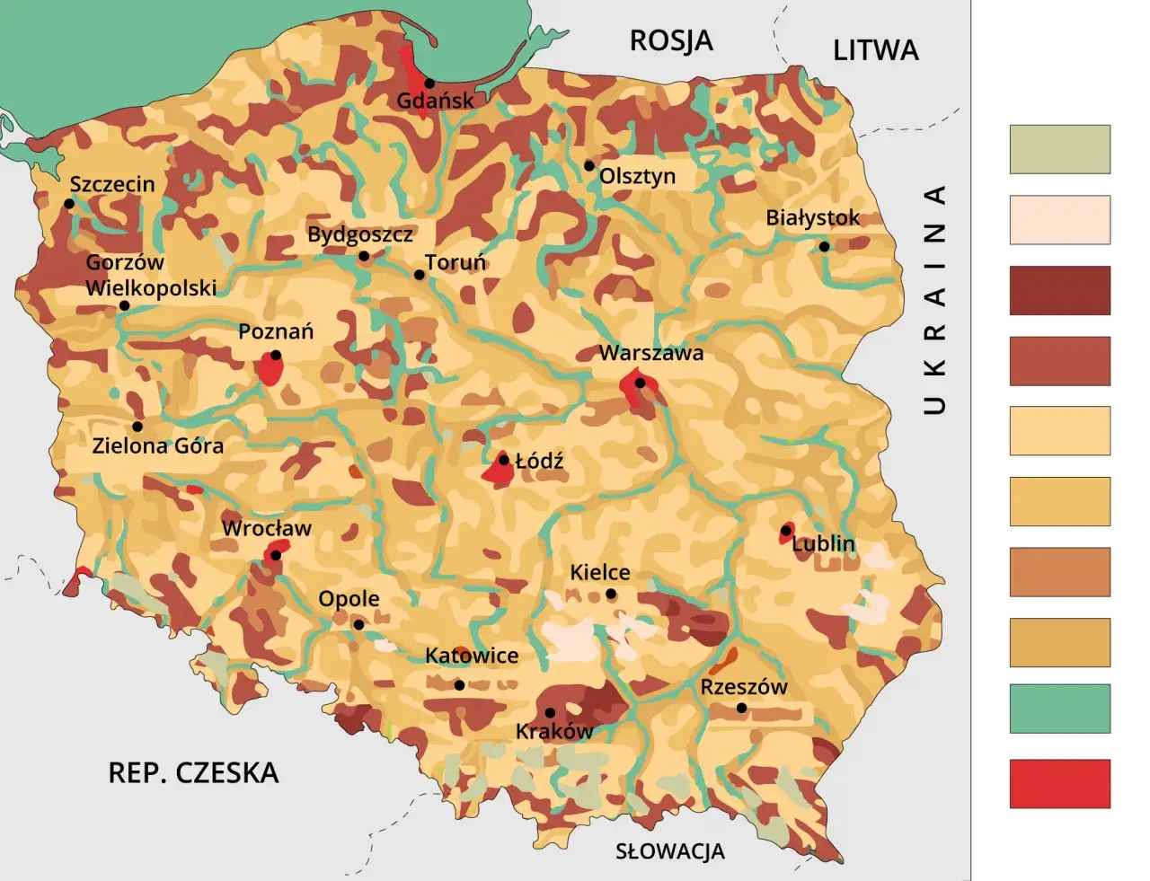 Mapa Polski przedstawiająca różne rodzaje gleb. Kolory wskazują na zróżnicowanie glebowe kraju, od jasnych po ciemne odcienie brązu i zieleni.