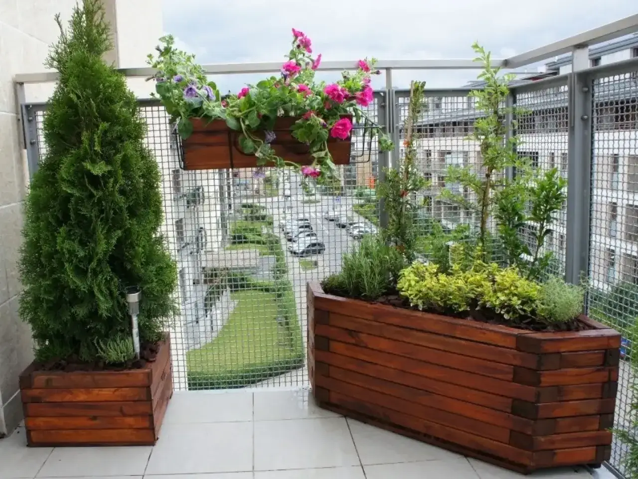 Zielone iglaki na balkon tworzą przytulną oazę. Obok kwitnące pelargonie i zioła w drewnianych skrzyniach.